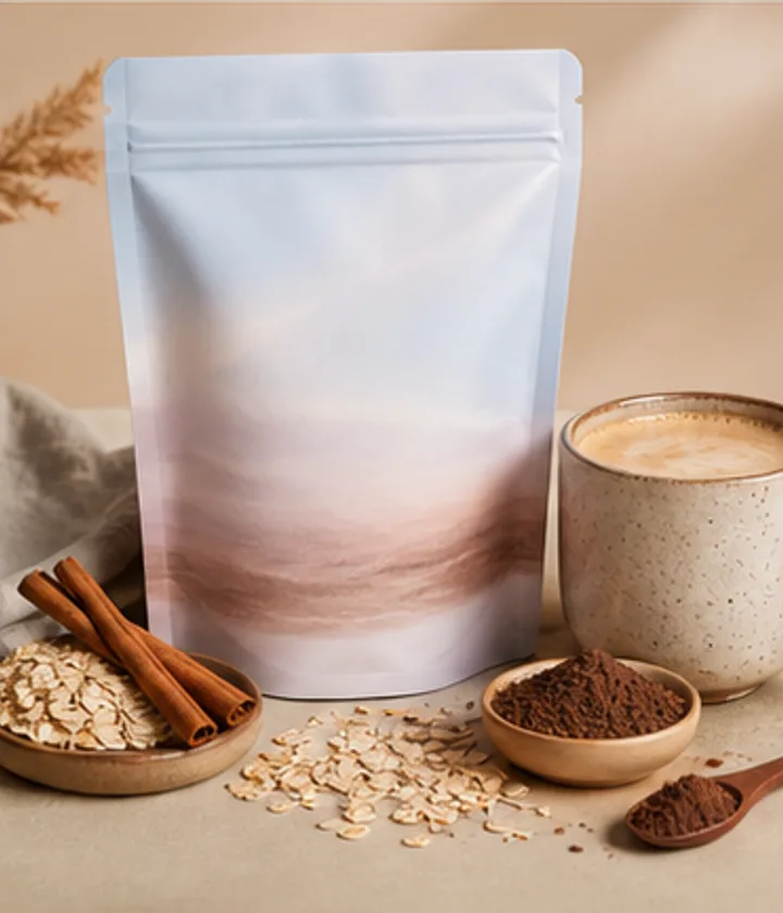 Clevr mushroom coffee latte style pastel pouch with oat latte ingredients and cinnamon