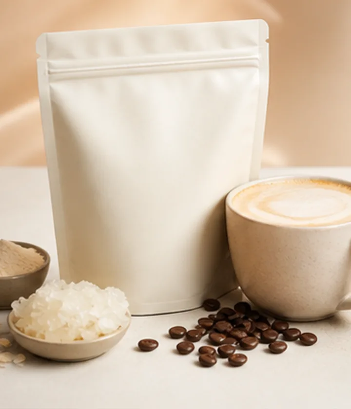 Everyday Dose mushroom coffee style creamy latte pouch beside a frothy coffee cup