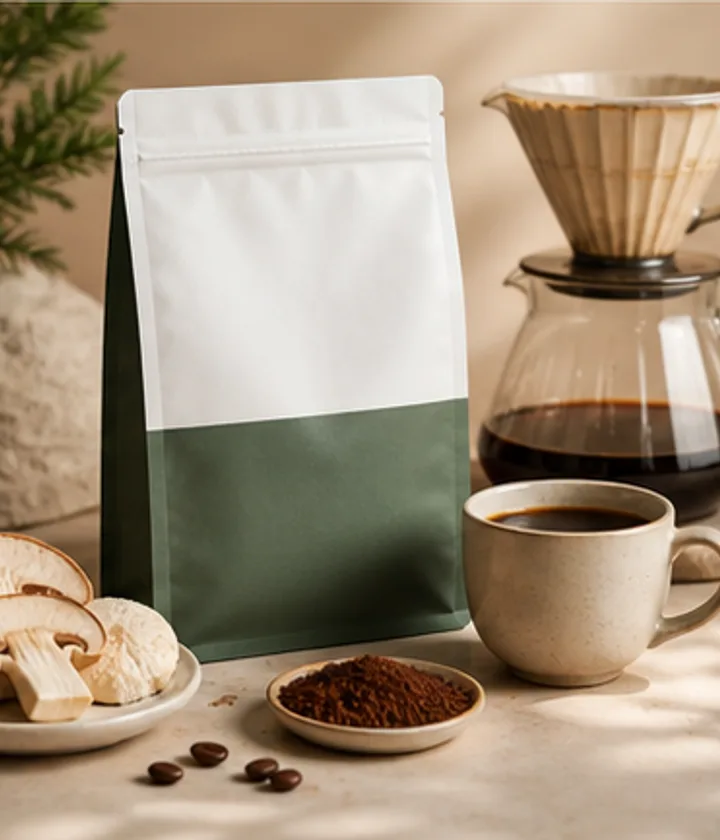 Laird Superfood mushroom coffee style ground coffee bag with pour-over brewer and mushrooms