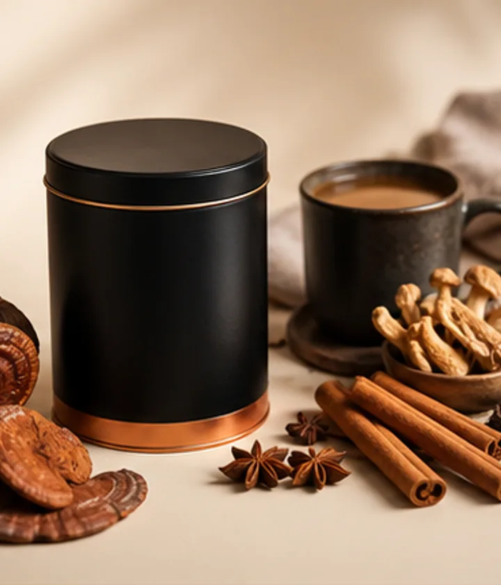 MUD WTR mushroom coffee alternative style black tin with cacao chai spices and mushrooms