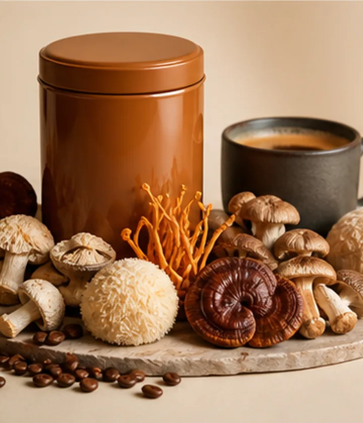 Om Mushroom coffee latte style amber tin with coffee cup and assorted mushrooms