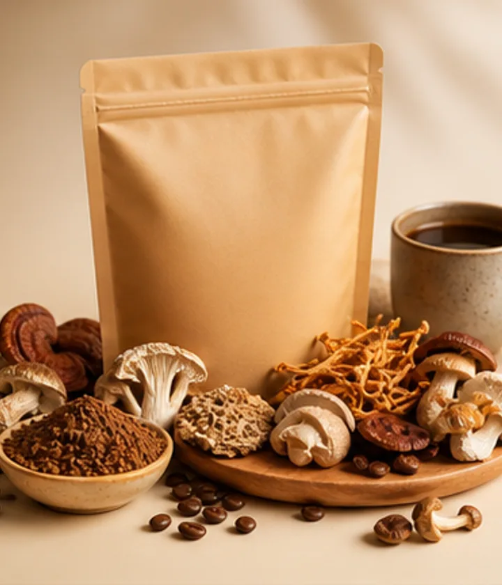 RYZE mushroom coffee style instant pouch with coffee beans and mushroom ingredients