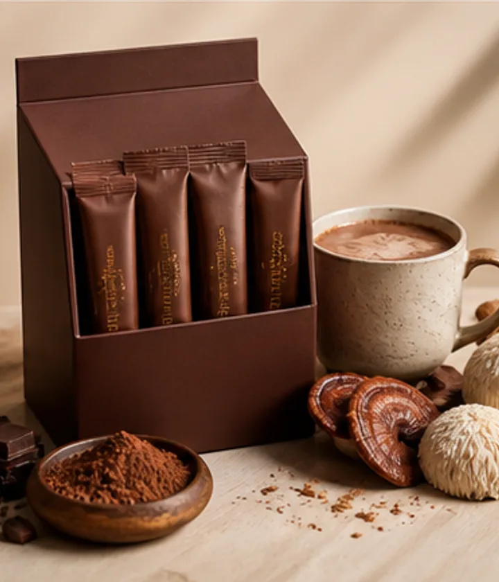 VitaCup Shroom Fuel style sachet box with cacao drink mushrooms and low caffeine ingredients