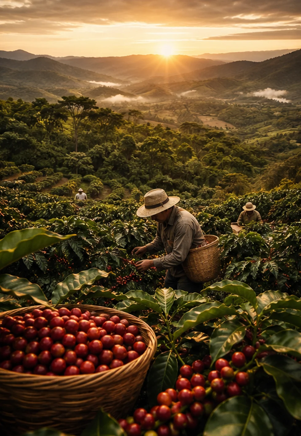 Brazilian coffee farm at sunrise with baskets of red coffee cherries