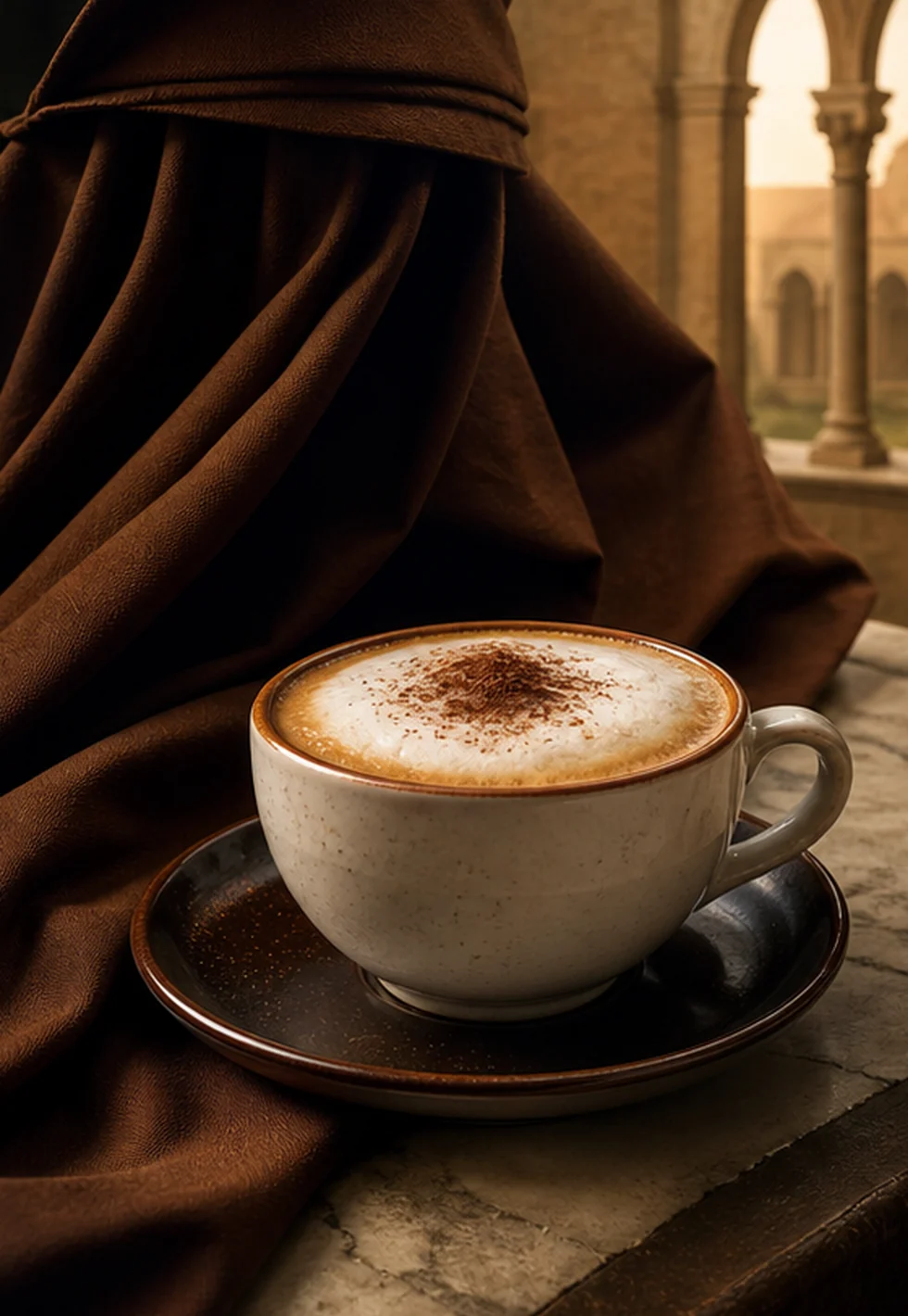 Cappuccino cup beside warm brown fabric inspired by Capuchin robes