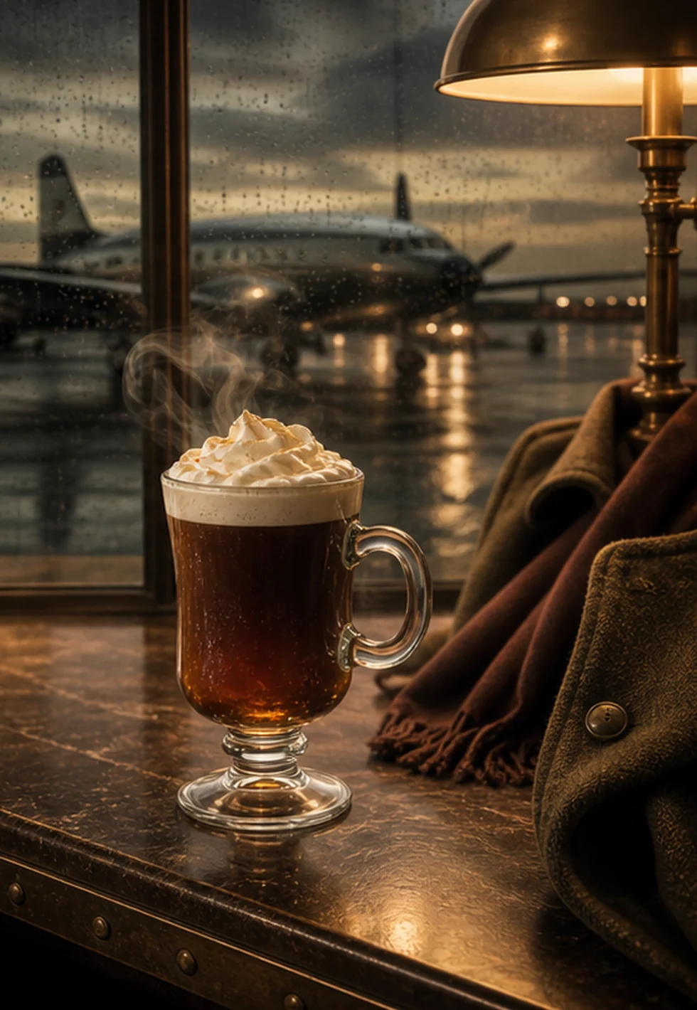 Irish coffee on a rainy vintage airport counter