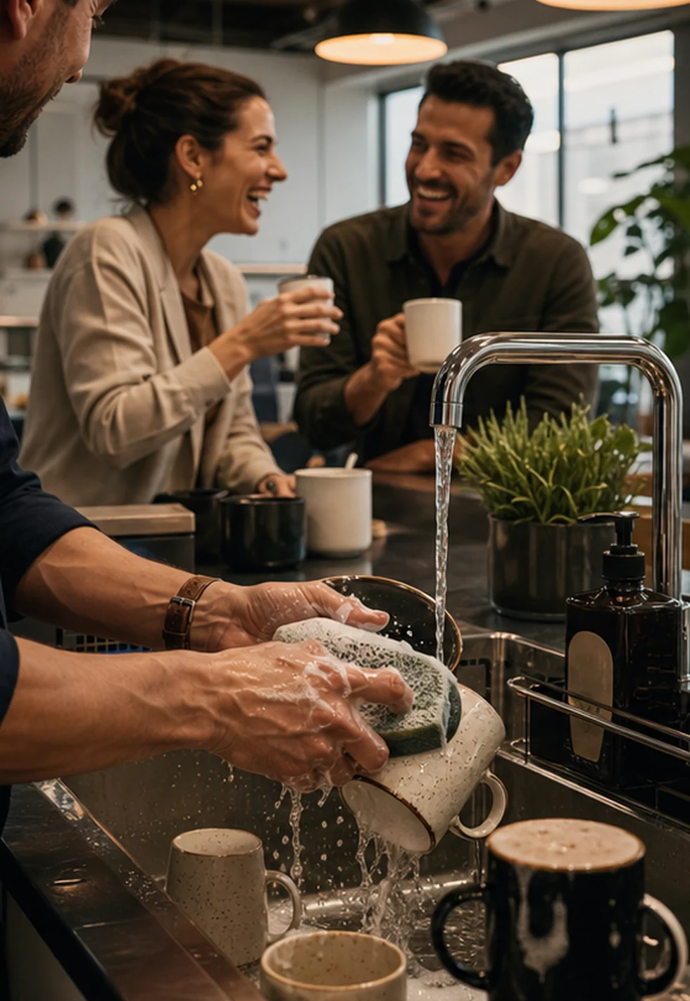 Office mugs being washed in a shared workplace kitchen