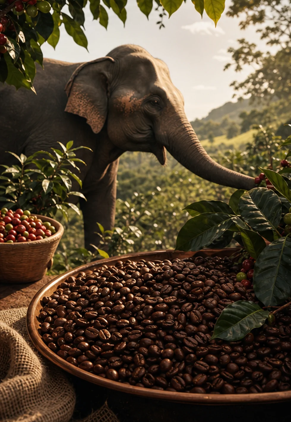 Coffee beans and an elephant in a tropical coffee grove