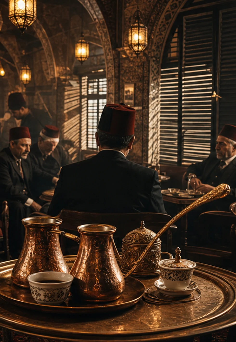 Historic Ottoman coffeehouse with copper pots and lantern light