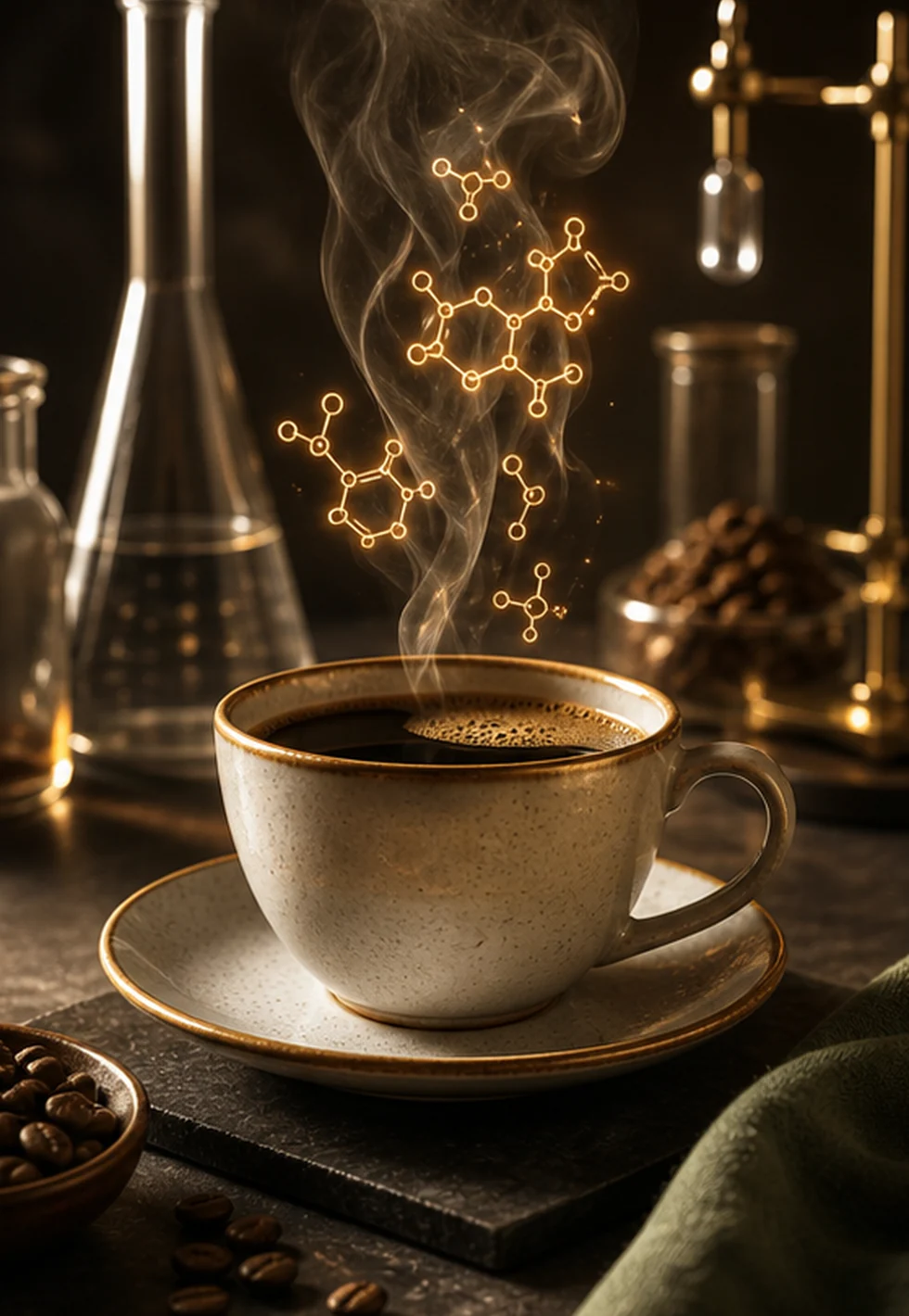 Decaf coffee cup with subtle caffeine molecules rising in steam