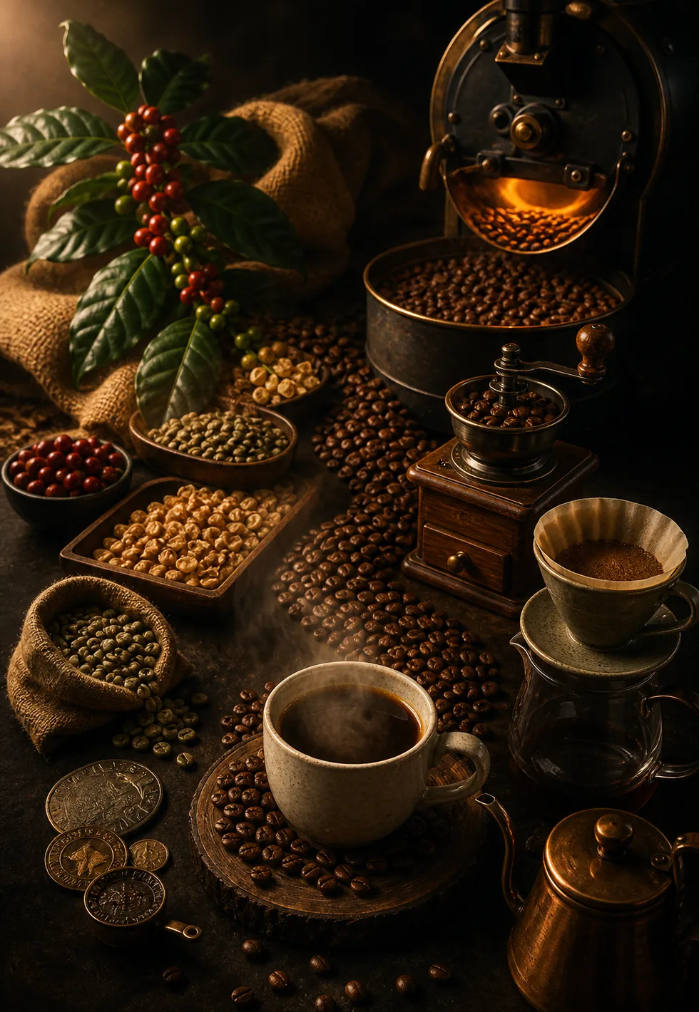 Every cup has a chain: Complete coffee chain finale with coffee plant, cherries, green beans, roasting drum, grinder, brewer, kettle, and finished cup