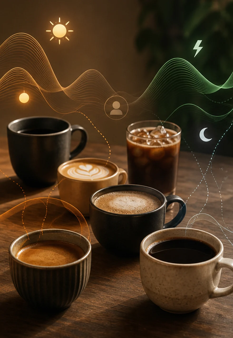 Assorted coffee drinks with abstract energy and sleep cues