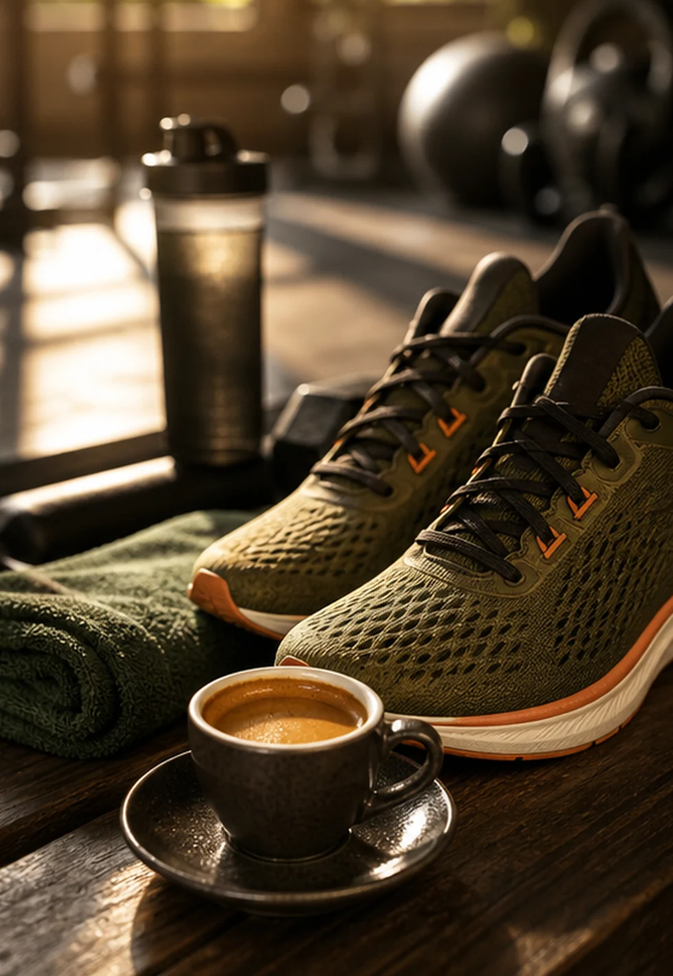 Espresso beside running shoes and workout gear in morning light