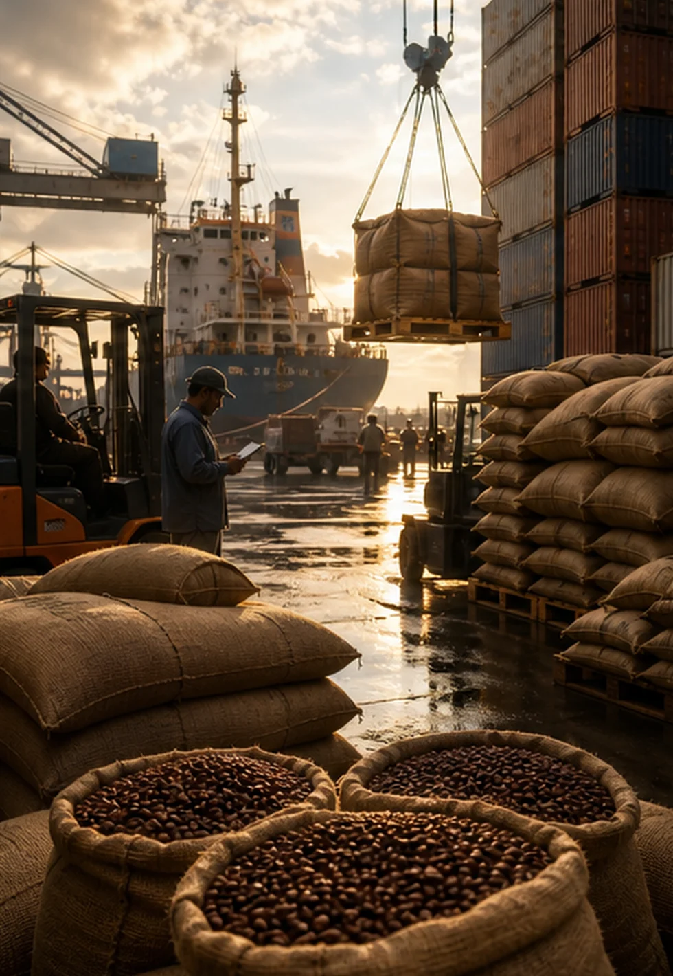 Coffee sacks and shipping containers at a busy port warehouse