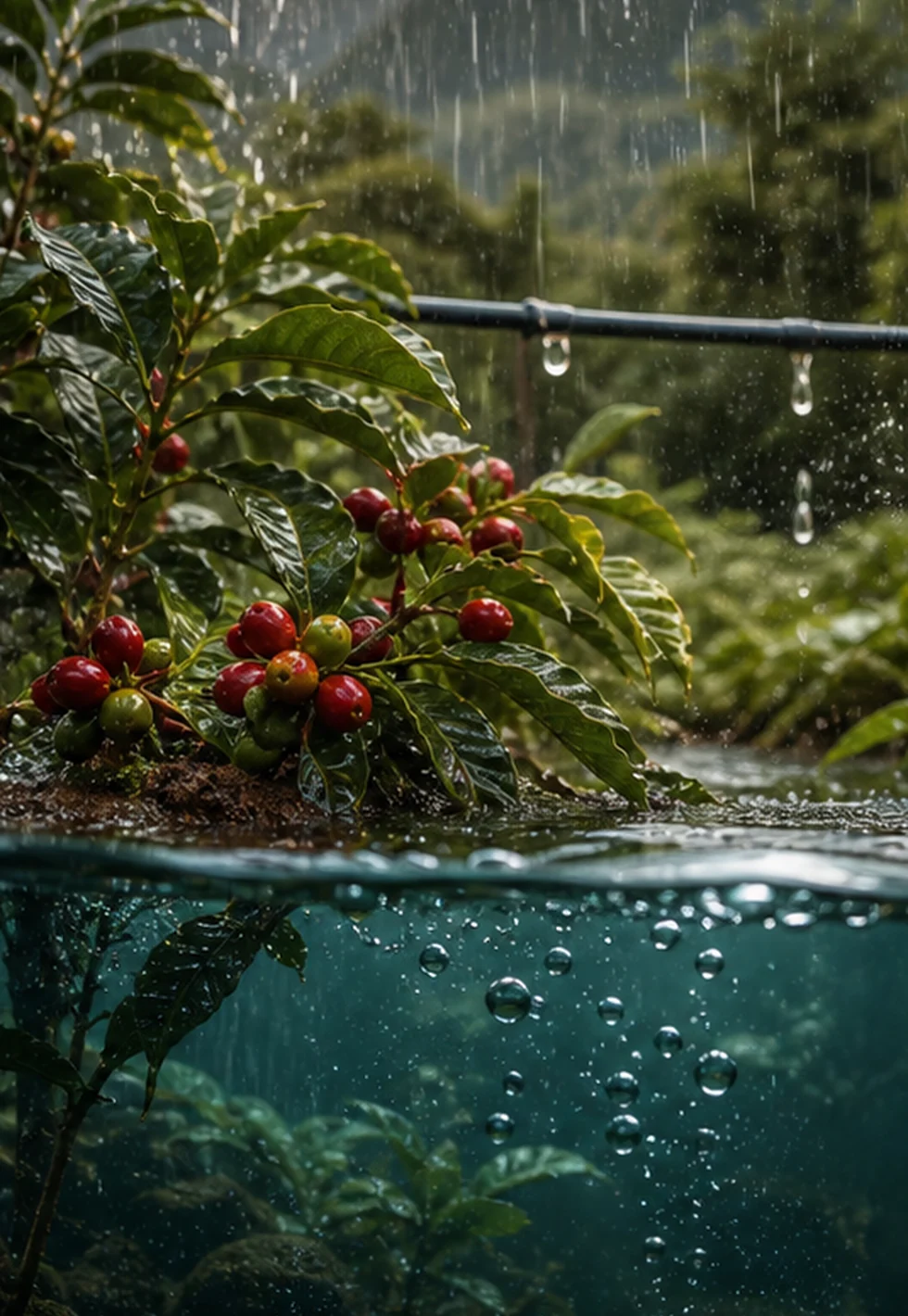 Coffee plant under rain and irrigation droplets showing water footprint