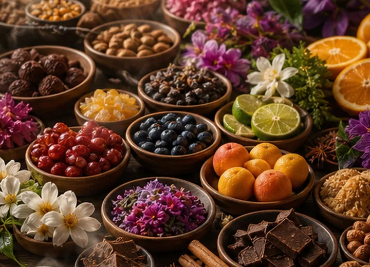 Coffee cupping table surrounded by fruit, flowers, chocolate, and spices