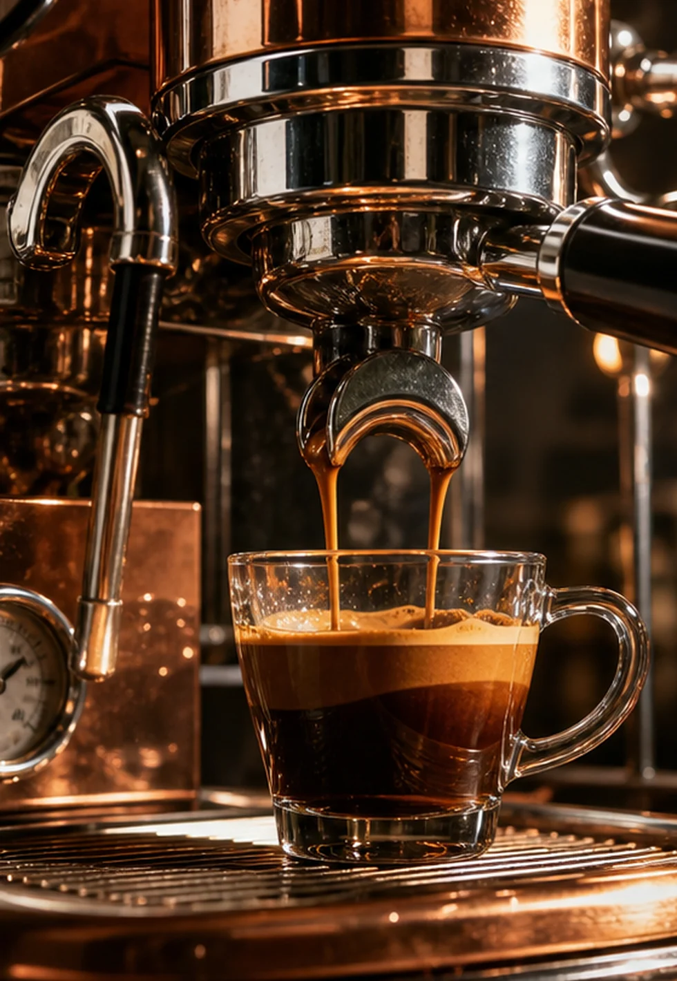 Espresso stream pulled under pressure from a chrome machine