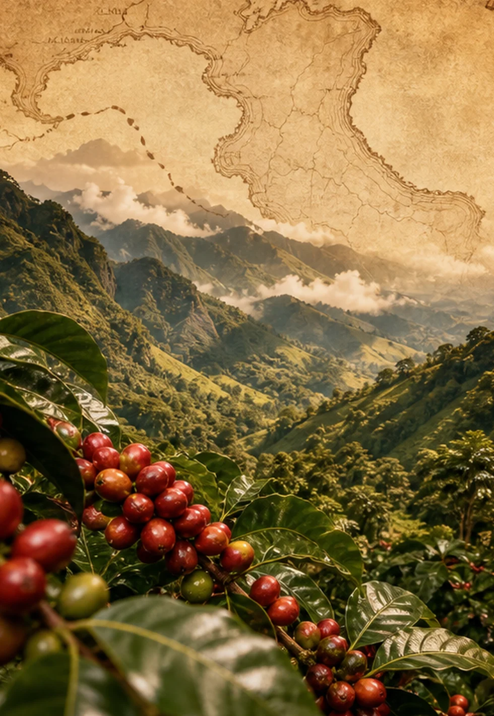 Colombian coffee mountains with cherries and a parchment map mood