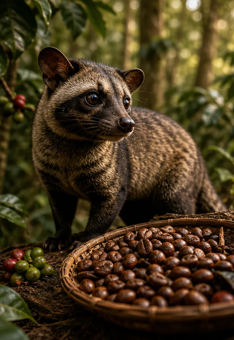 Asian palm civet in a lush coffee forest beside roasted beans