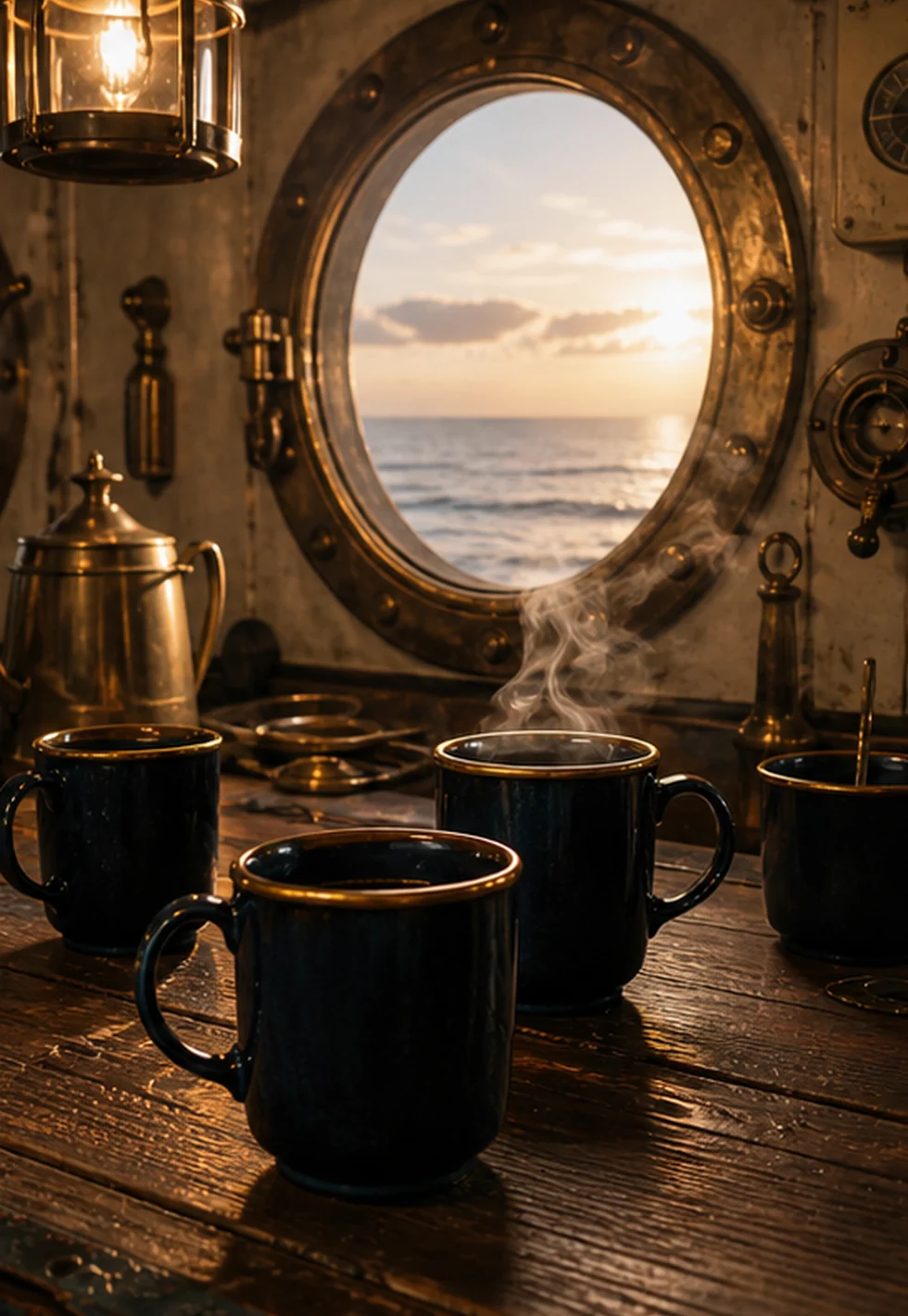 Naval mess table with black coffee mugs and sea light through a porthole