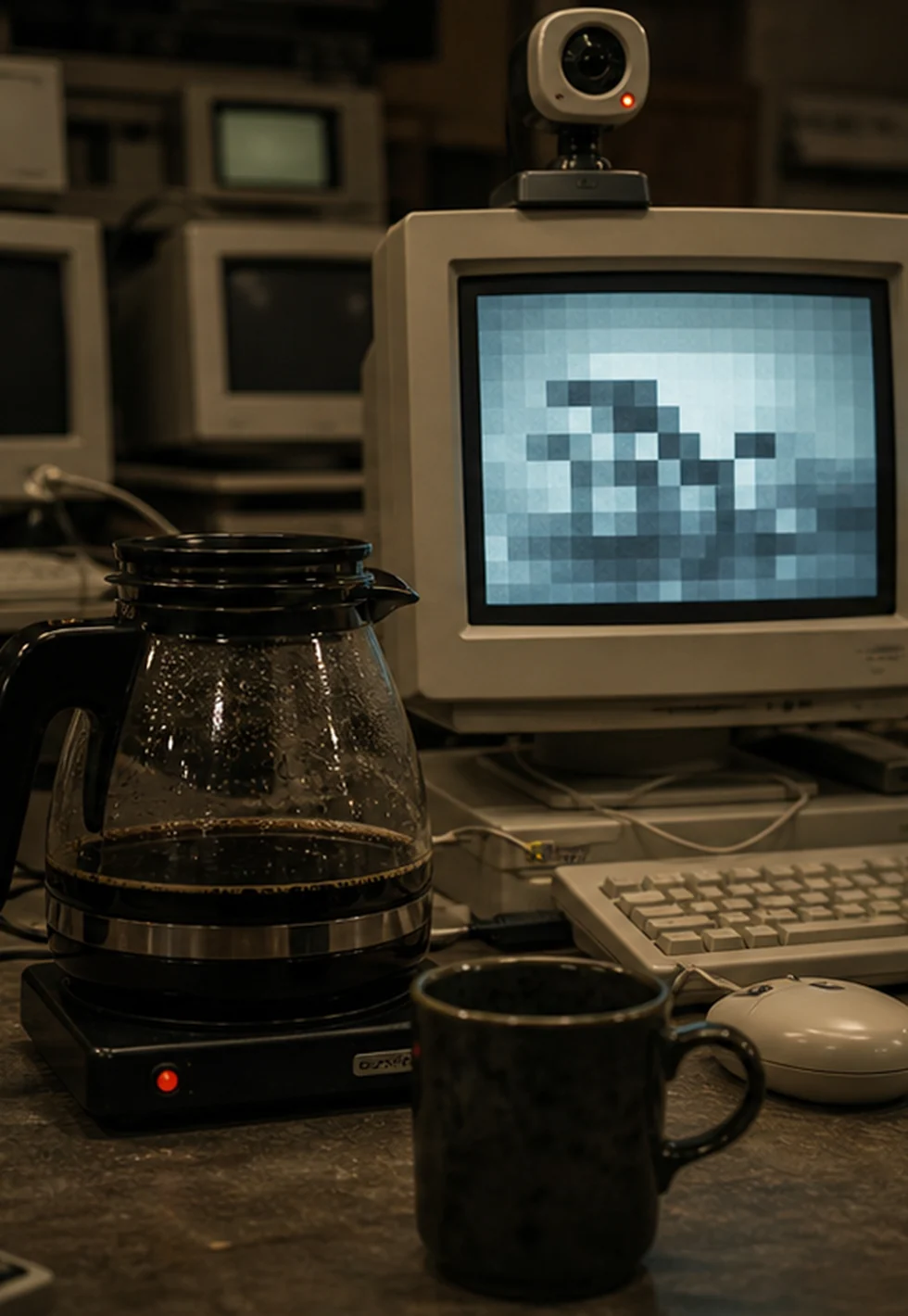 Vintage computer lab coffee pot watched by an early webcam