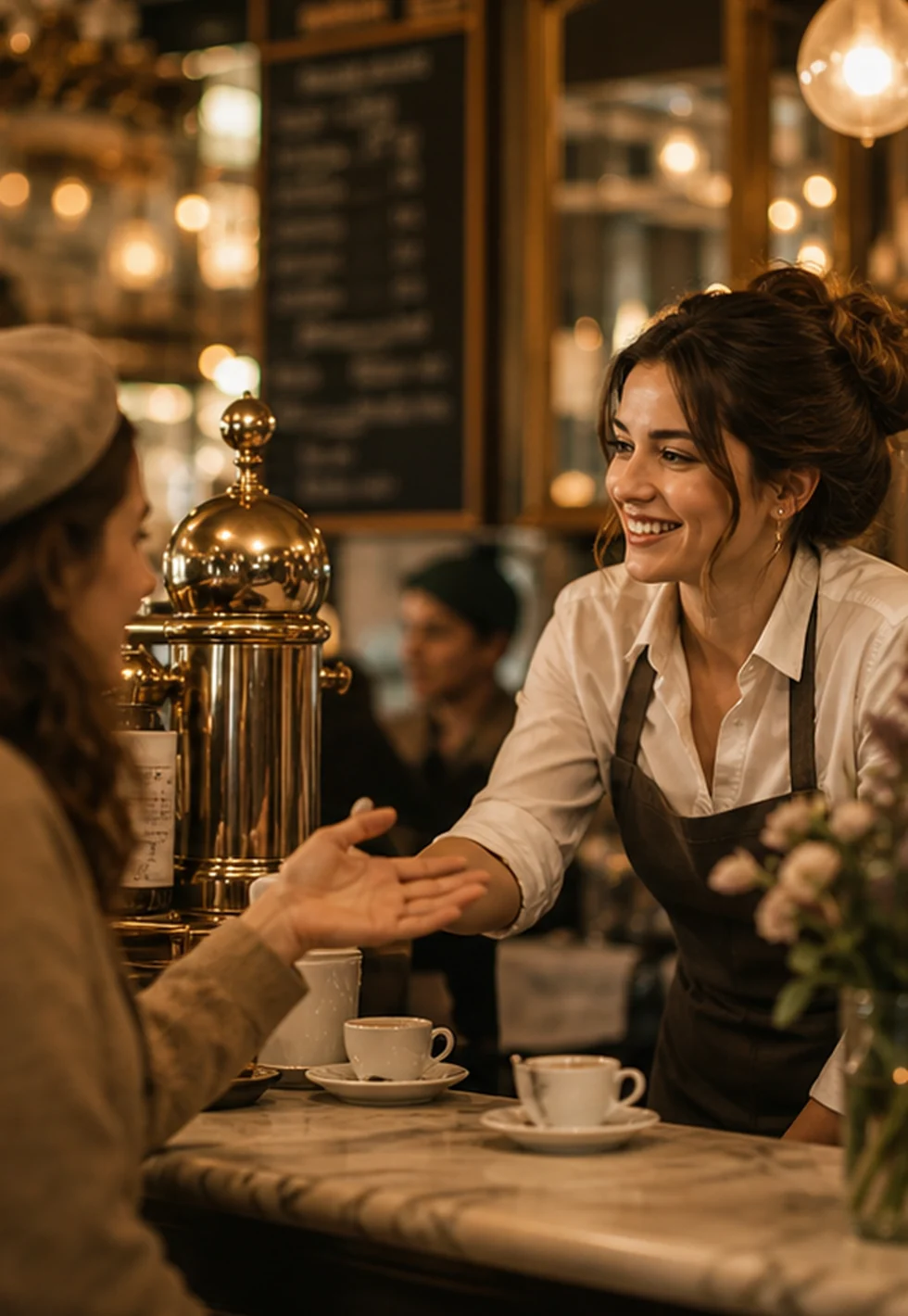 French cafe counter with a friendly greeting over espresso cups