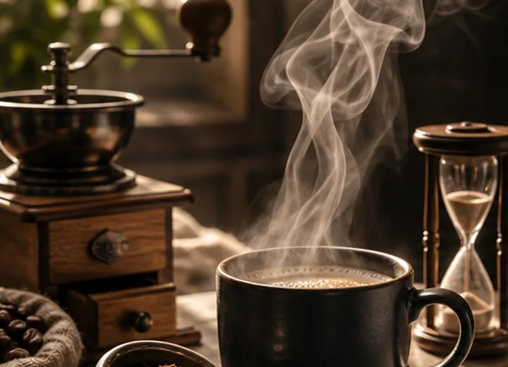 Freshly ground coffee and steam beside a grinder and hourglass