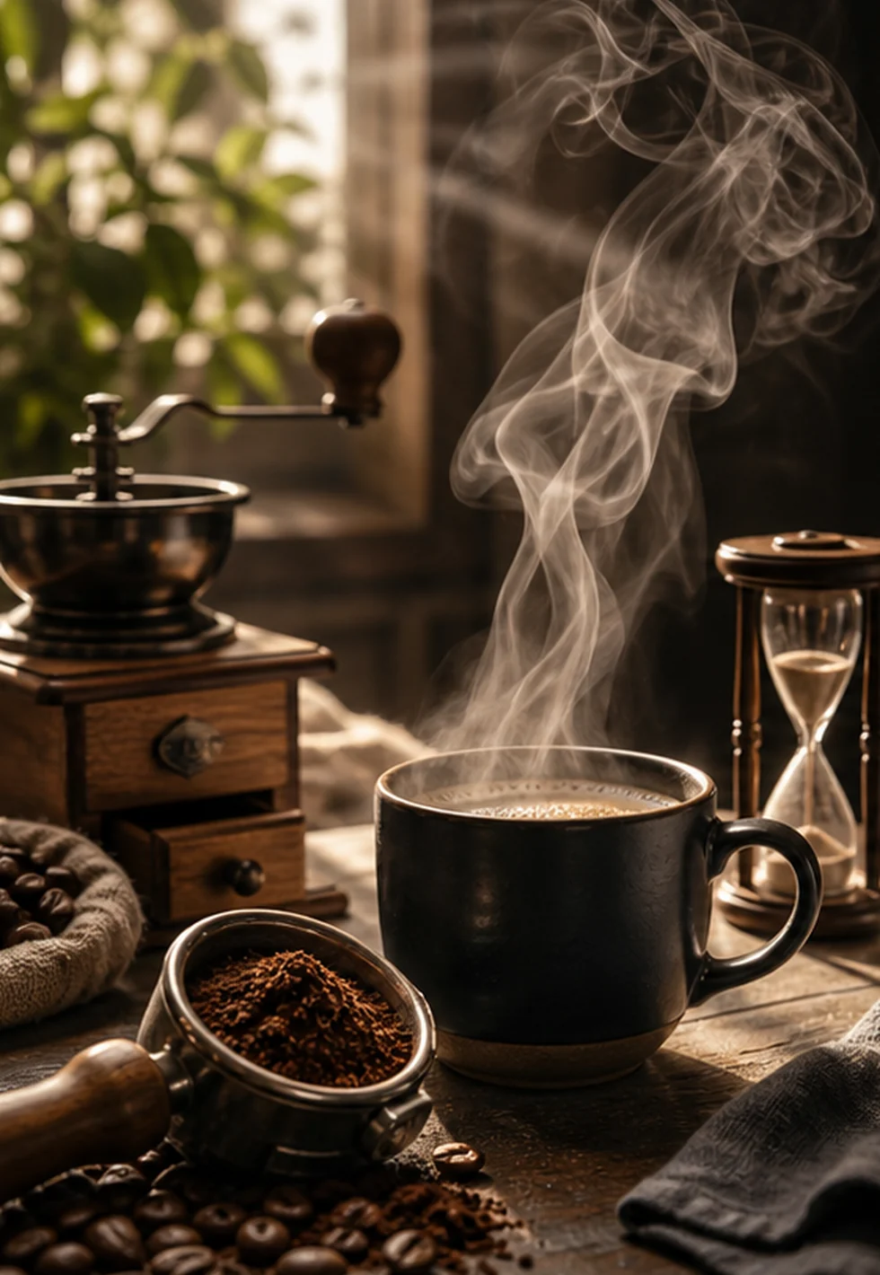 Freshly ground coffee and steam beside a grinder and hourglass