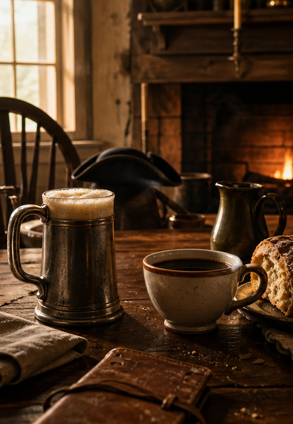 Colonial breakfast table with ale, coffee, bread, and hearth light