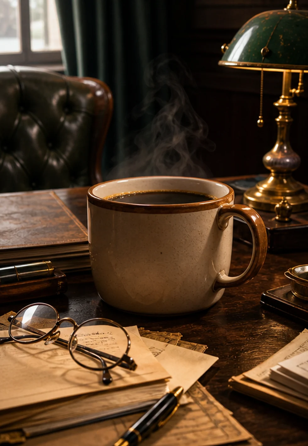 Oversized coffee mug on a historic desk with spectacles and papers