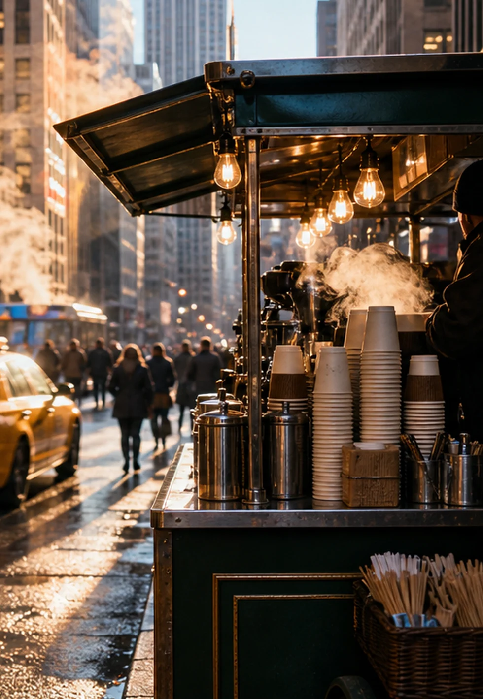 New York coffee cart steaming during a morning street rush