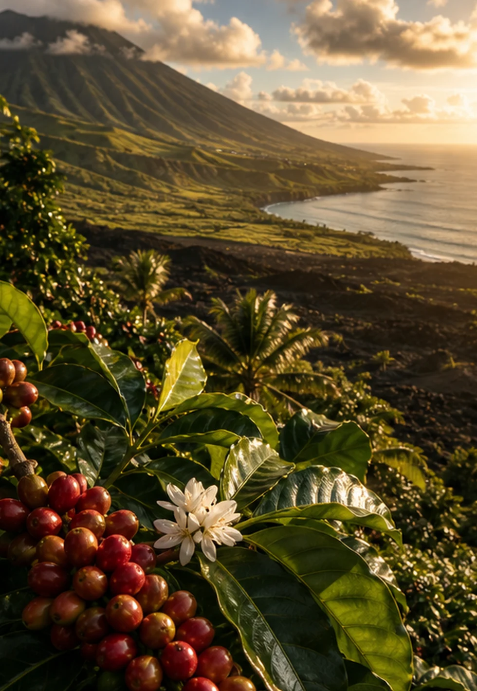 Hawaiian coffee slope with ocean light and ripe coffee cherries