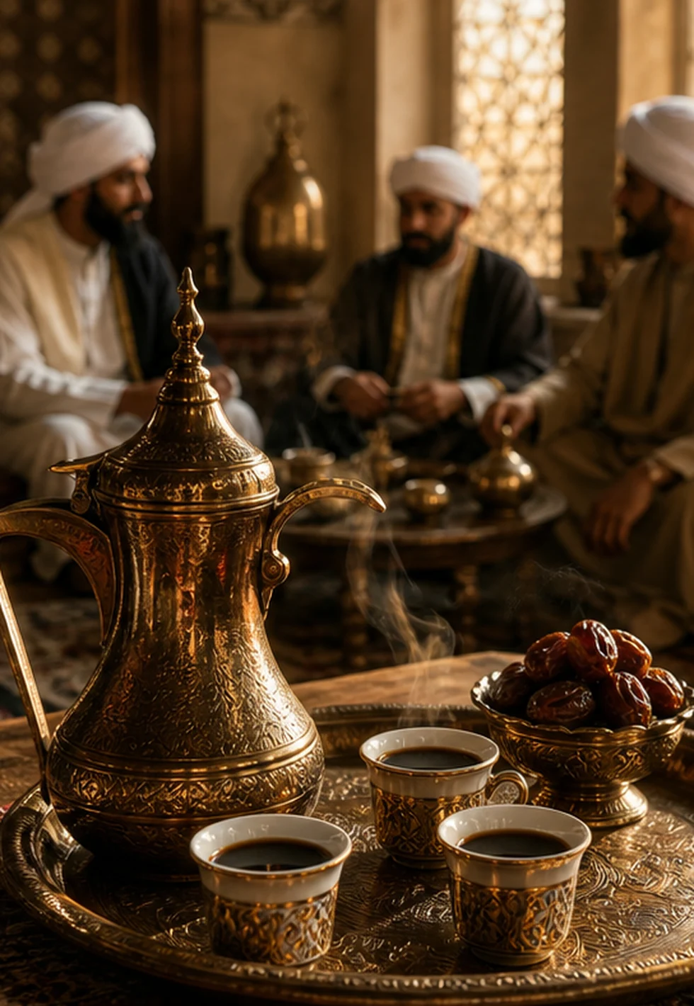 Historic Middle Eastern coffee ritual with ornate tray and small cups