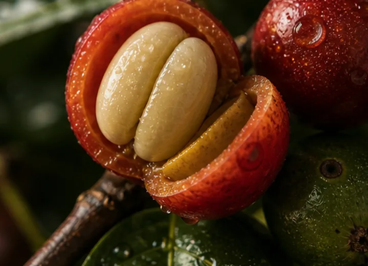 Split red coffee cherry showing the pale seeds inside