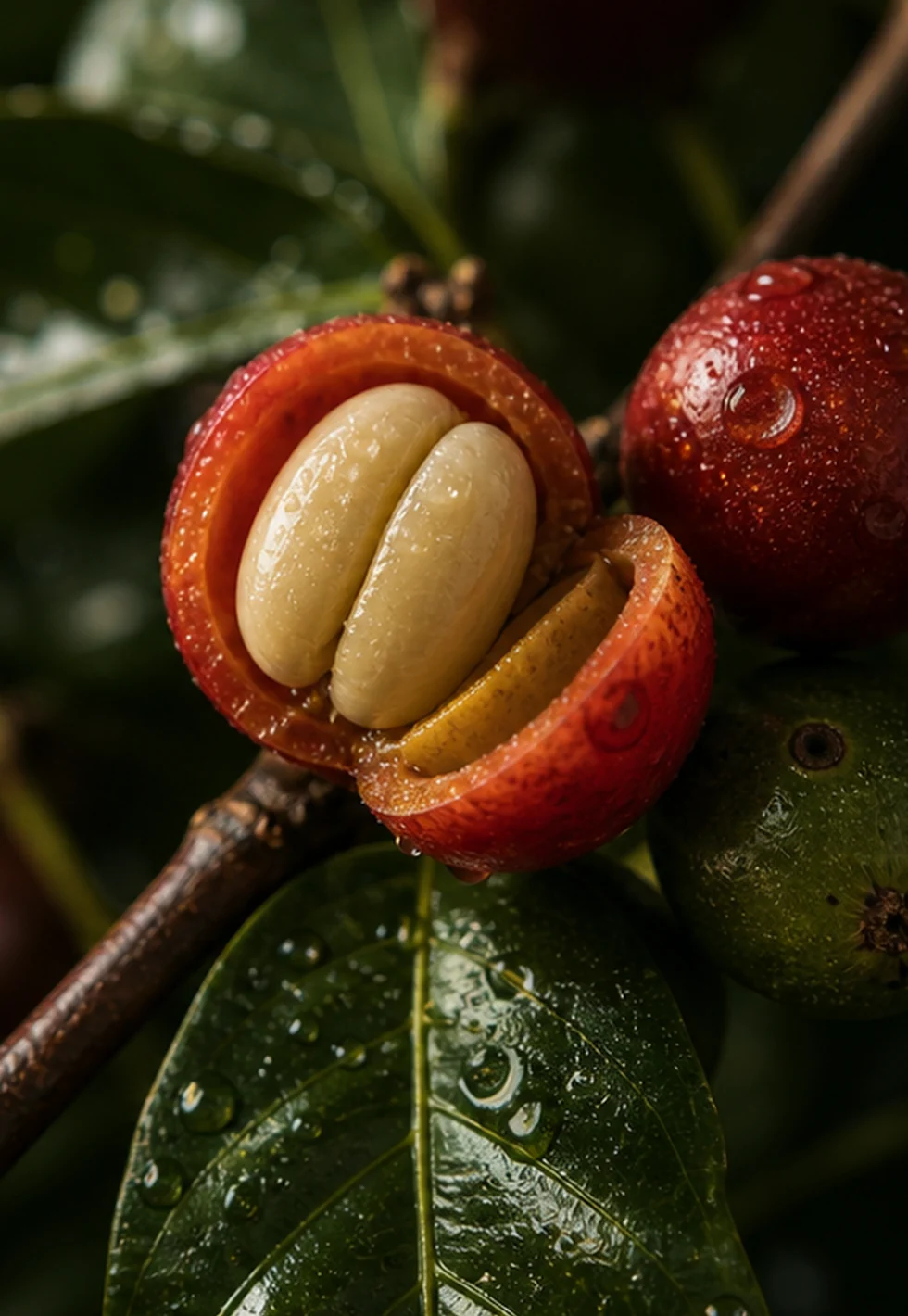 Split red coffee cherry showing the pale seeds inside