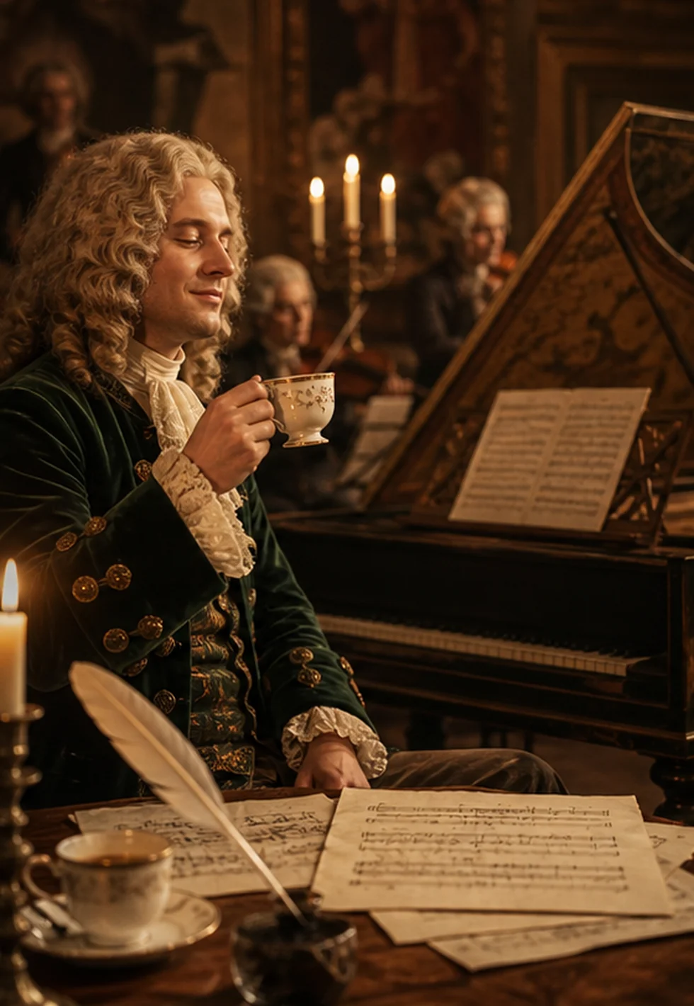 Baroque music salon with a porcelain coffee cup and harpsichord