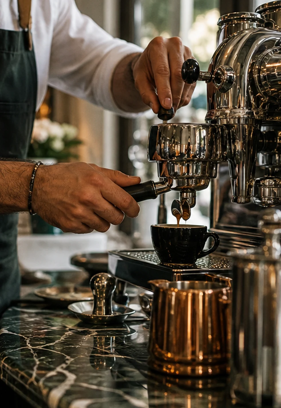 Italian espresso bar with experienced barista hands preparing coffee