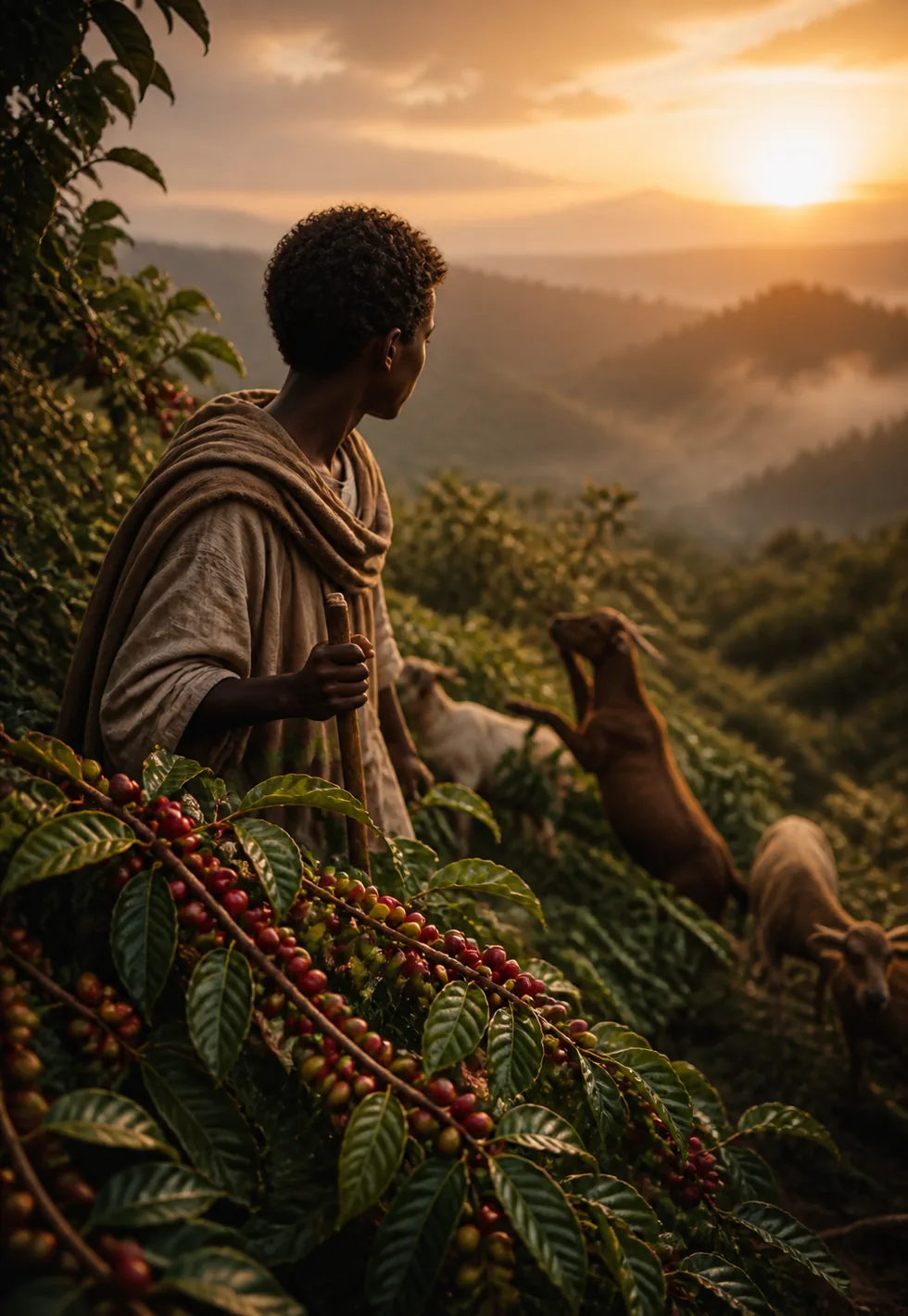 Kaldi is coffee legend: Ethiopian highland coffee shrubs at sunrise with red cherries, a goatherd, and lively goats