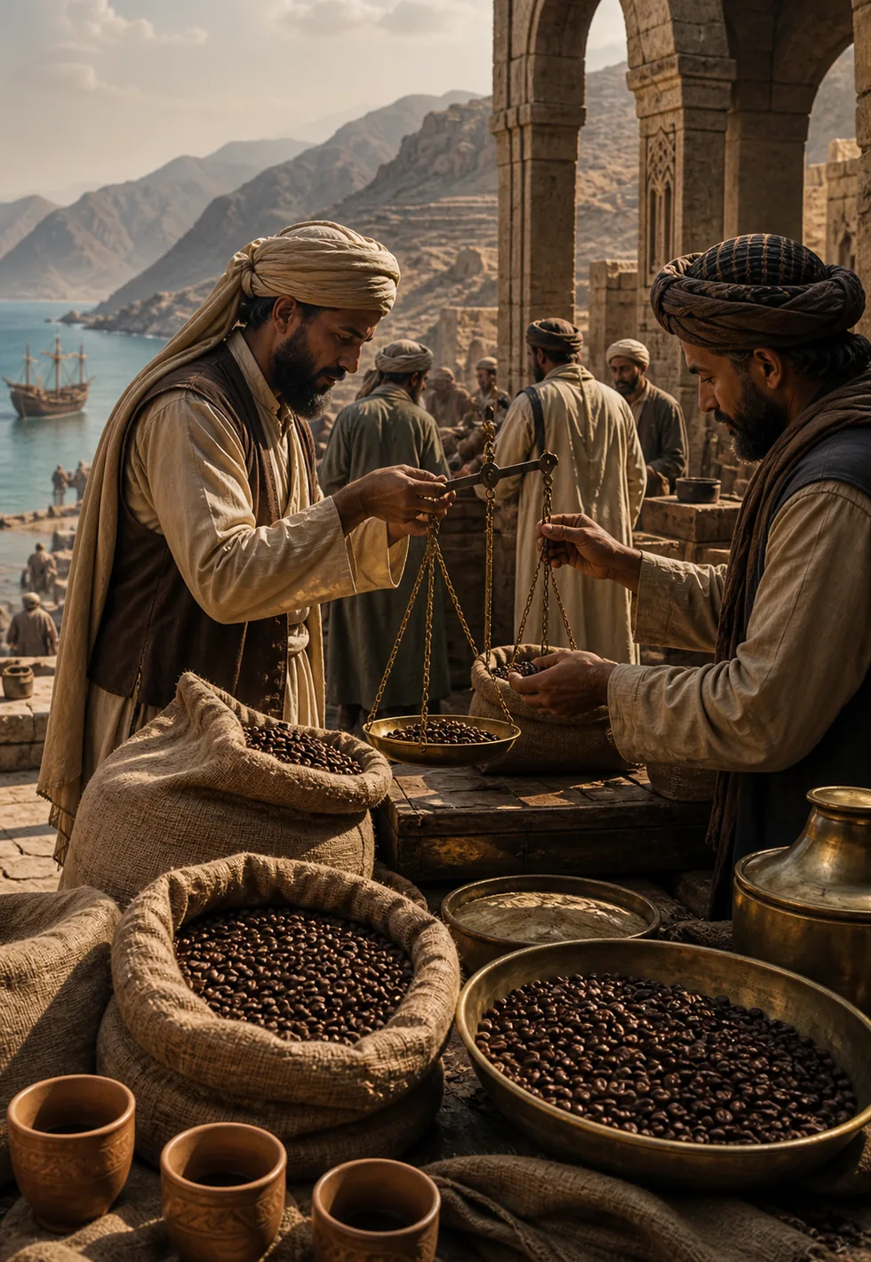 Yemen made coffee commercial: Historic Yemeni coffee trade courtyard with sacks of beans, brass scales, merchants, and mountains