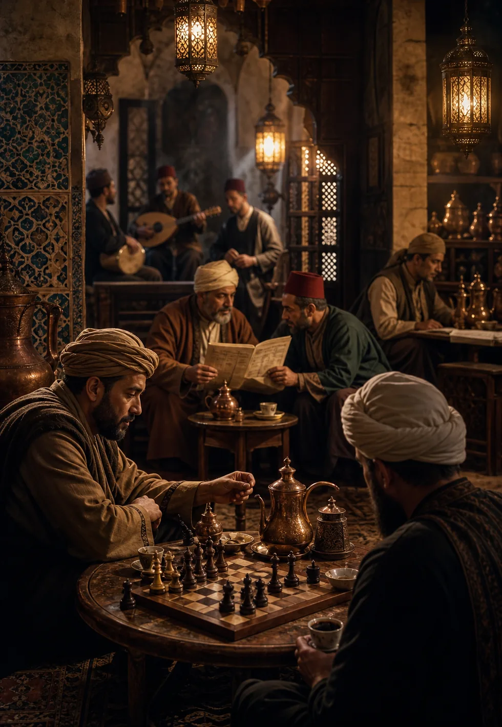 Coffeehouses were newsrooms: Historic Middle Eastern coffeehouse with chess, copper coffee pots, musicians, and news readers