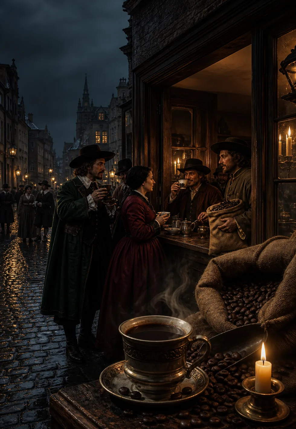 Coffee reached Europe in the 1600s: Rainy 17th-century European street outside an early coffee room with steaming cup and coffee sacks