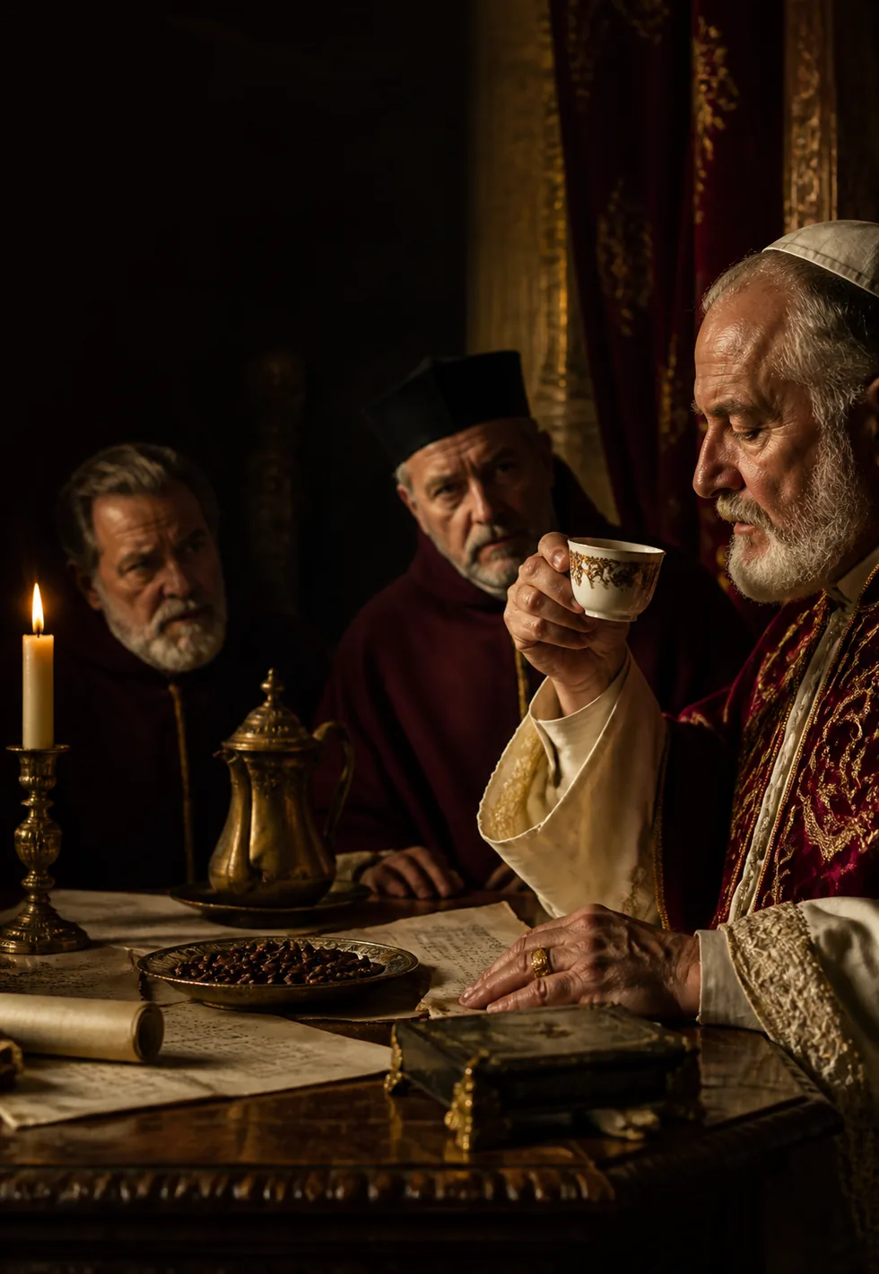 Coffee once needed approval: Renaissance clerical study with a senior church figure tasting coffee by candlelight