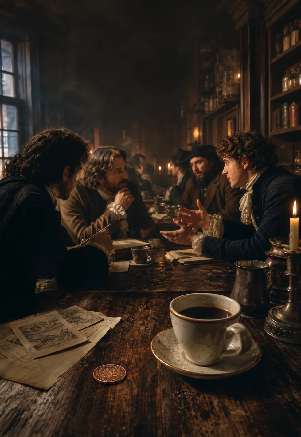 England had penny universities: 17th-century English coffeehouse table with a penny coin, coffee cup, papers, and debate