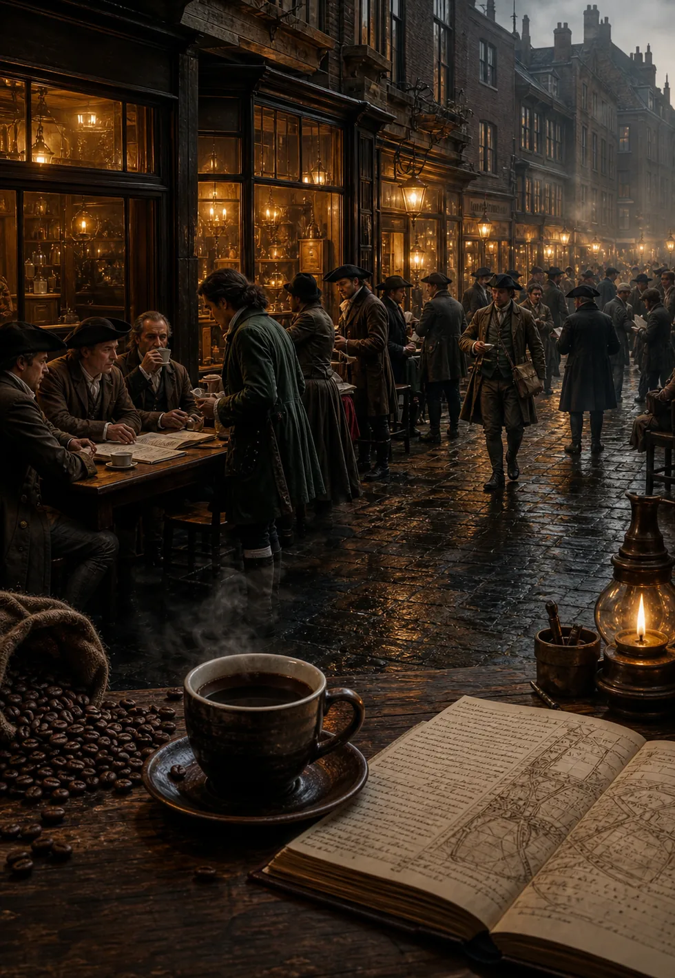 London loved coffeehouses: Busy 17th-century London coffeehouse street with glowing windows, wet cobblestones, and social crowds