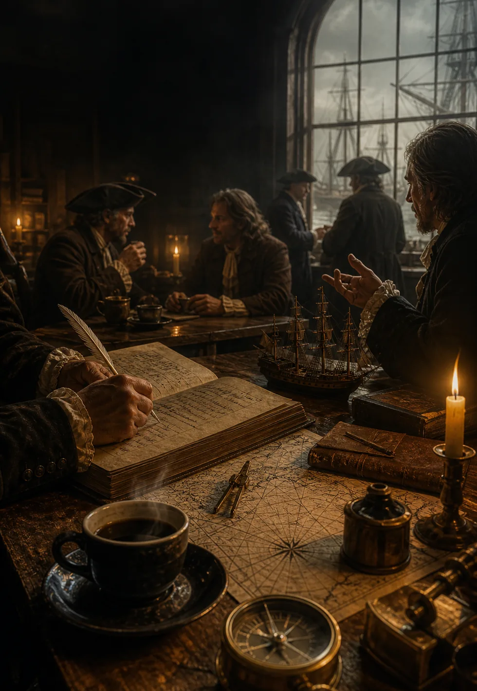 Insurance met coffee: Late-17th-century London dockside coffeehouse with shipping charts, ledgers, compass, candlelight, and coffee