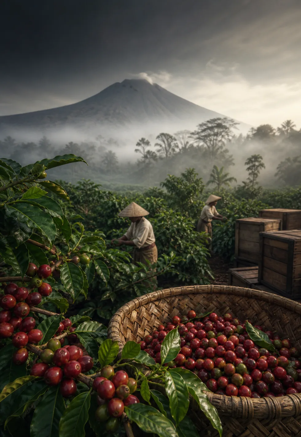 Java became coffee shorthand: Misty Java coffee plantation with volcanic mountain, red coffee cherries, harvest basket, and wooden crates