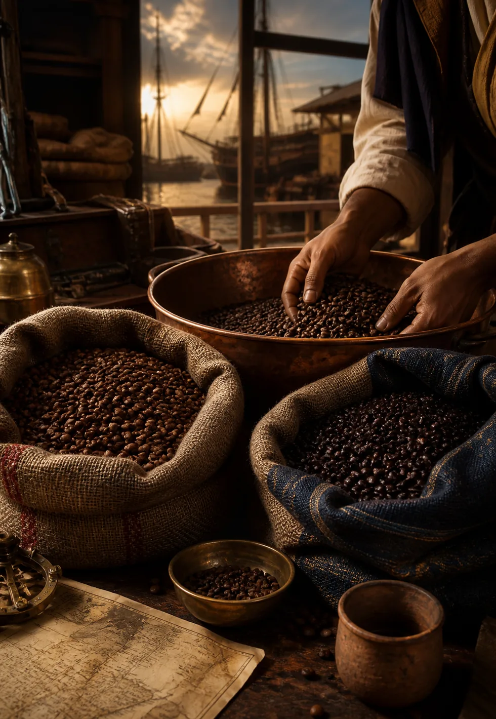 Mocha Java was an early blend: Historic port warehouse still life with two coffee origins blended by hand in a copper bowl
