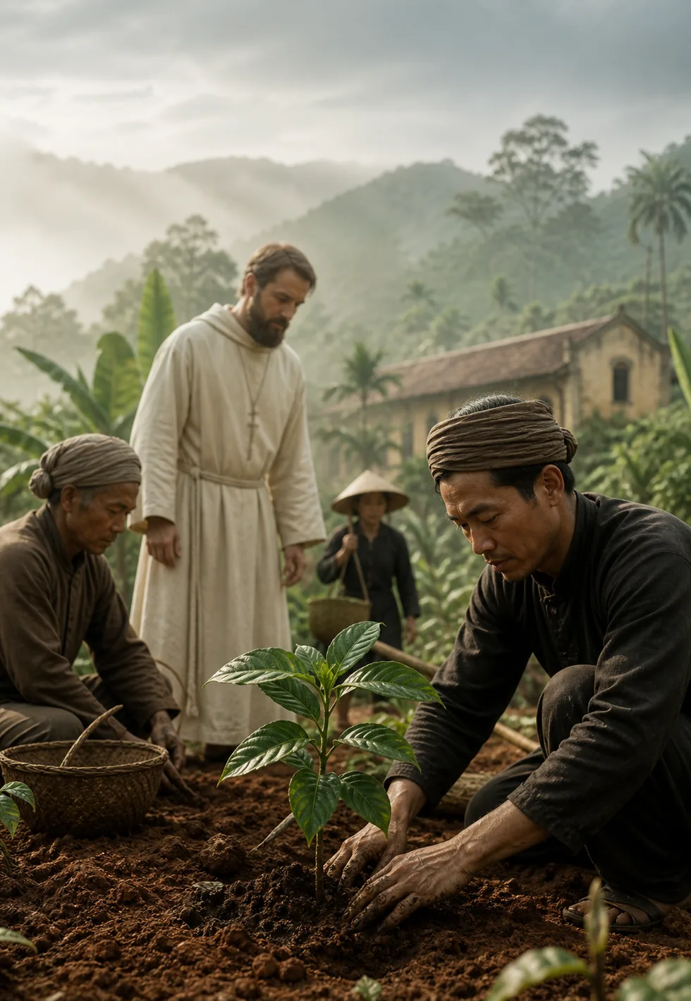 Vietnam coffee started with missionaries: 19th-century Vietnamese highland garden with growers planting a young coffee sapling near a mission building