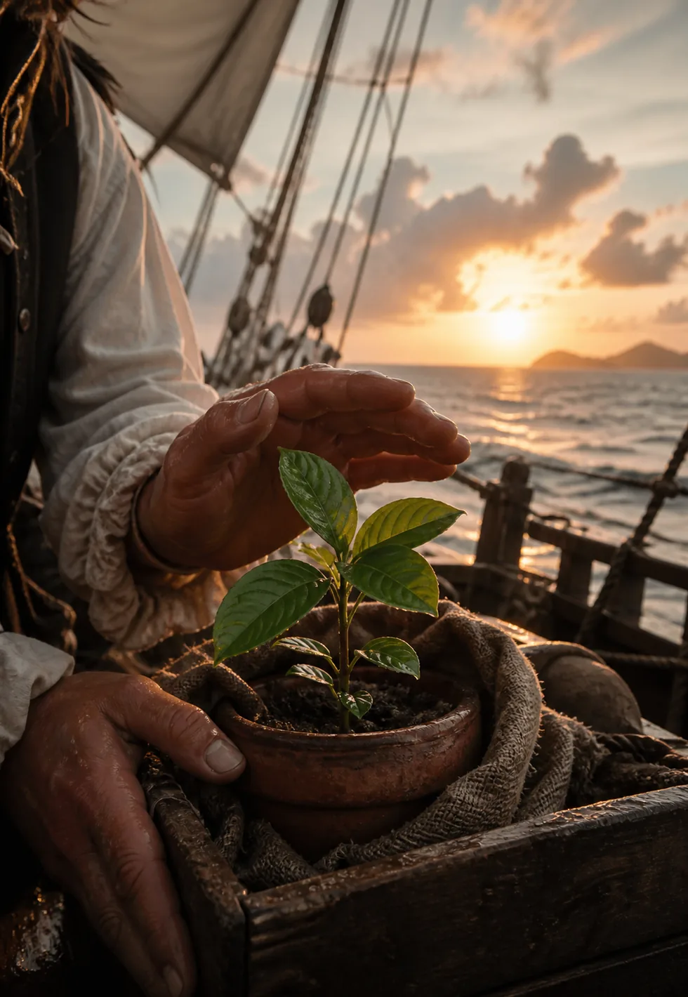 One seedling changed the Americas: Coffee seedling protected in a clay pot on an 18th-century sailing ship at Caribbean sunrise