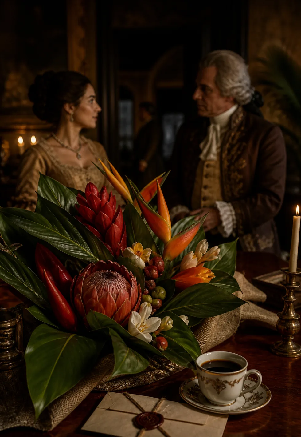 Brazil has a bouquet legend: Diplomatic salon bouquet with tropical flowers, hidden coffee seeds, candlelight, and porcelain coffee cup